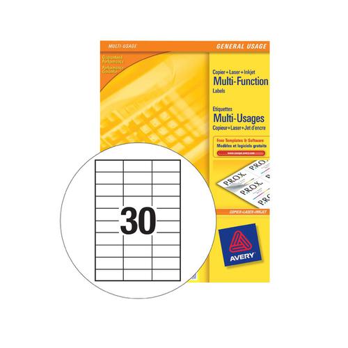 Avery Multipurpose Labels Laser Copier Inkjet 30 per Sheet 70x29.7mm White Ref 3489 [3000 Labels] Avery UK