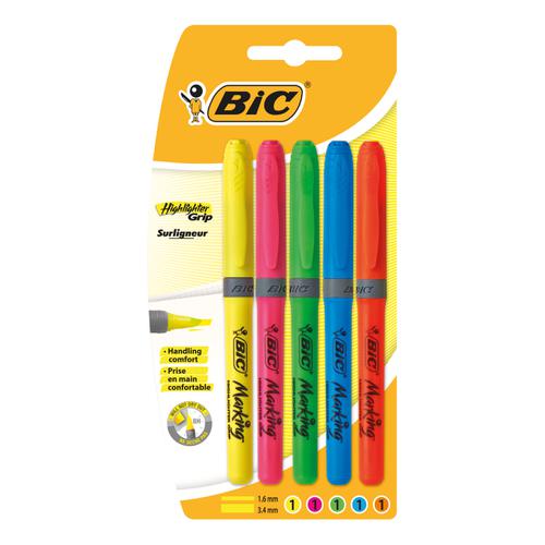 Bic Brite Liner Grip Highlighter Pen Chisel Tip 1.6-3.3mm Line Assorted Ref 824758 [Pack 5]