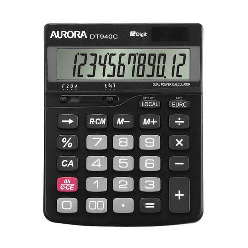 Aurora Semi-desk Calculator 12 Digit 3 Key Memory Battery/Solar Power 115x33x145mm Black Ref DT940C  4057986