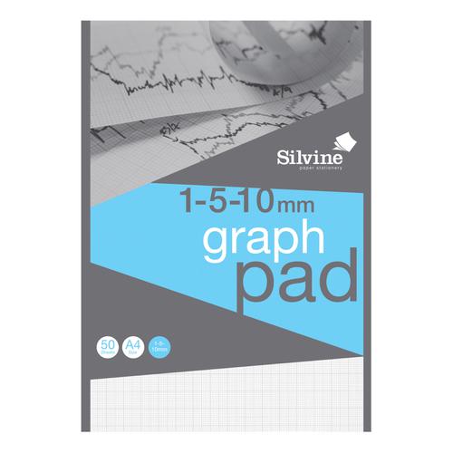 Silvine Student Graph Pad 90gsm 1mm 5mm 10mm Grid 50 Sheets A4 Ref A4GP1510 [Pack 10]