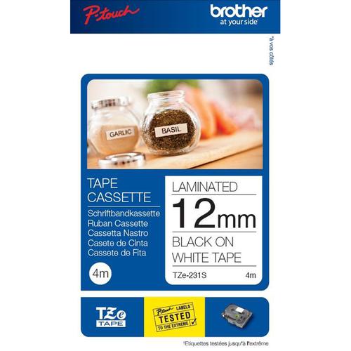 Brother P-Touch TZe-231S 12mmx4m Black On White Labelling Tape Ref TZE231S2