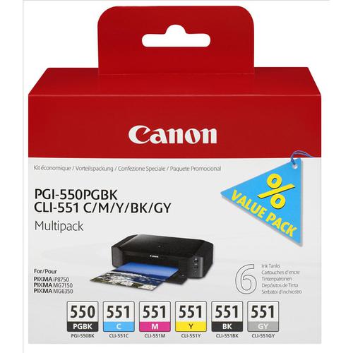Canon PGI-550/CLI-551 Inkjet Cart HY Black/Cyan/Magenta/Yellow/Photo Black/Grey Ref 6496B005 [Pack 6] 4069820 Buy online at Office 5Star or contact us Tel 01594 810081 for assistance