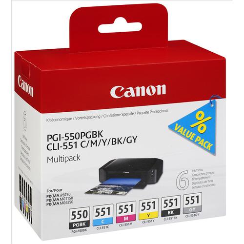 Canon PGI-550/CLI-551 Inkjet Cart HY Black/Cyan/Magenta/Yellow/Photo Black/Grey Ref 6496B005 [Pack 6] 4069820 Buy online at Office 5Star or contact us Tel 01594 810081 for assistance