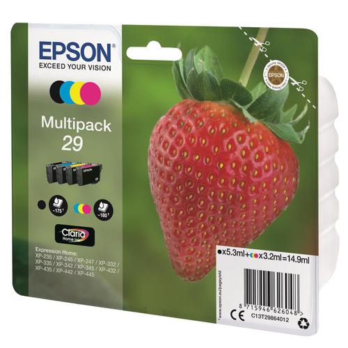 Epson 29 IJ Cart StrawberryPageLife 175pp Black 5.3ml 180pp Cyan/Mag/Yel 3.2ml Ref C13T29864012 [Pack 4] 4068005 Buy online at Office 5Star or contact us Tel 01594 810081 for assistance