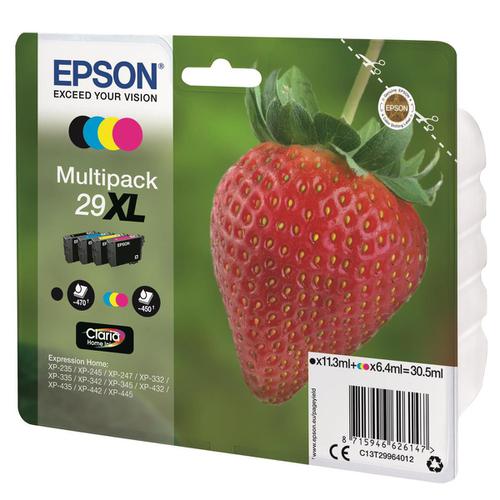 Epson29XLIJCartStrawberry HY P/L 470ppBlk 11.3ml450pp 6.4ml Cyan/Magenta/Yellow Ref C13T29964012 [Pack 4]