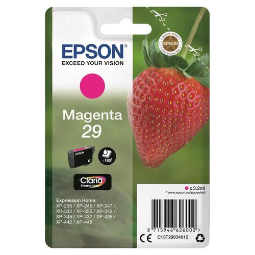 Epson 29 InkJet Cartridge Strawberry Page Life 180pp 3.2ml Magenta Ref C13T29834012