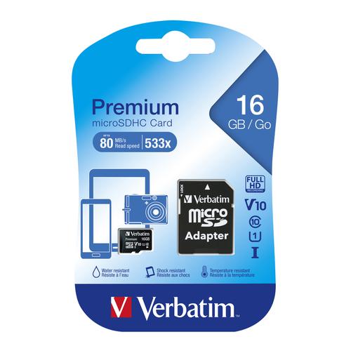 Verbatim Micro SDHC Card Including Adapter 16GB Black Ref 44082