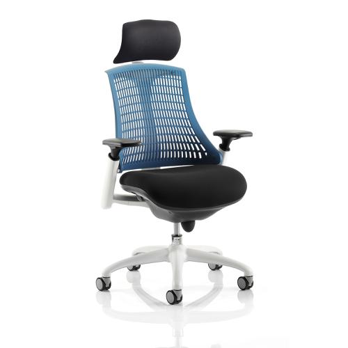 Trexus Flex Task Operator Chair With Arms And Headrest Black Fabric Seat Blue Back White Frame Ref KC0092