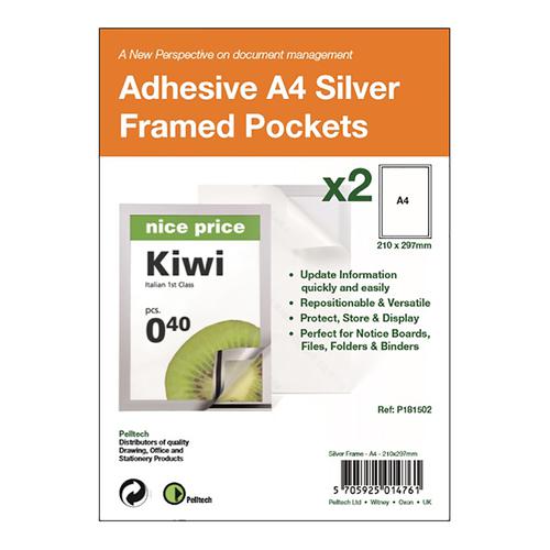 Pelltech Self Adhesive Magnetic Closure Frames A4 Silver [Pack 2] Pelltech