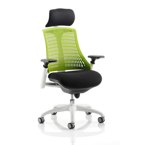 Trexus Flex Task Operator Chair With Arms And Headrest Blk Fabric Seat Green Back White Frame Ref KC0090