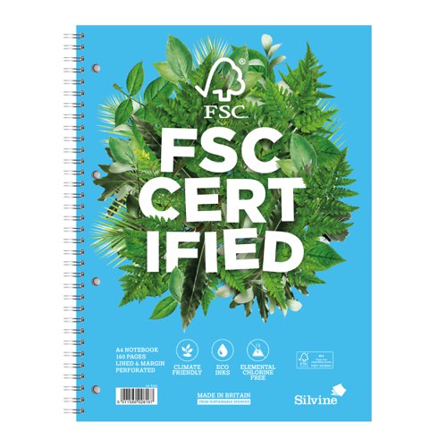 Silvine FSC Premium Nbk Wirebnd 75gsm Ruled Margin Perforated Punched 4 Holes 160pp A4 Ref R202 [Pack 5]