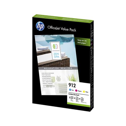 Hewlett Packard 912 InkJet Office Value Pack Cyan/Magenta/Yellow with A4 Paper Ref 6JR41AE [Pack 3]