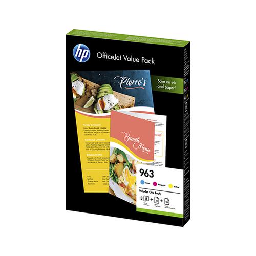 Hewlett Packard 963 Inkjet Office Value Pack Cyan/Magenta/Yellow With A4 Paper Ref 6JR42AE [Pack 3]