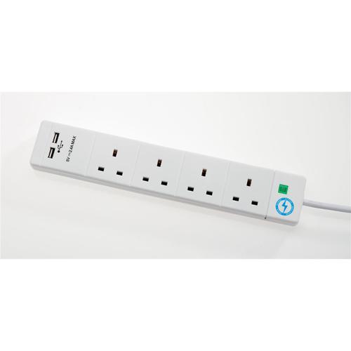 SMJ Extension Lead 2-metre 4 Sockets 2 USB Charging Points Power Surge Indicator W170xD50xH405mm White