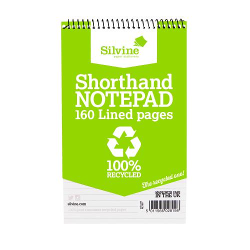 Silvine Recycled Shorthand Pad Wirebound 70gsm Ruled 160pp 127x203mm Green Ref RE160 [Pack 12]