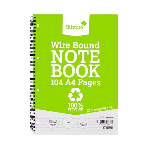 Silvine Recycled Notebook Wirebnd 70gsm Ruled Margin Perf Punched 4 Holes 104pp A4 Ref TWRE80 [Pack 12]