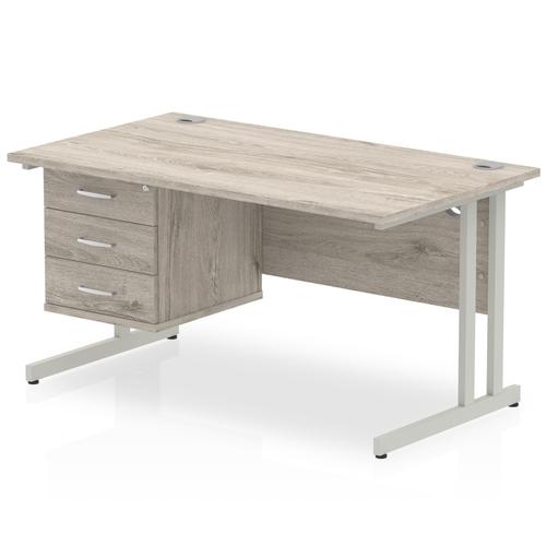 Trexus Rectangular Desk Silver Cantilever Leg 1400x800mm Fixed Ped 3 Drawers Grey Oak Ref I003462