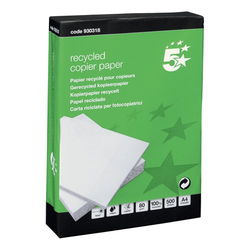 5 Star Eco Copier Paper Recycled Ream-Wrapped 80gsm A4 White [Box of 2 Packs x 5 Reams (5,000 shts)]