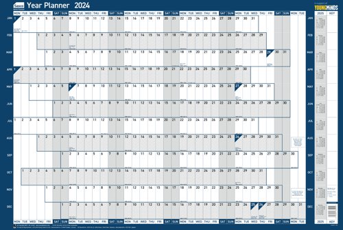 Sasco 2024 Original Year Wall Planner with wet wipe pen & sticker pack, Blue, Poster Style 2410215 [Each]