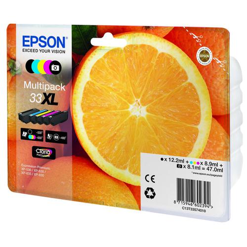 Epson T33XLInkjetCart OrangeHYBlack12.ml/PhotoBlack 8.1ml/Cyan/Mag/Yellow 8.9ml Ref C13T33574010 [Pack 5] 152185 Buy online at Office 5Star or contact us Tel 01594 810081 for assistance