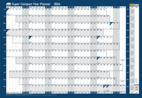 Sasco 2024 Super Compact Year Wall Planner with wet wipe pen & sticker pack, Blue Poster Style 2410217 [Each]