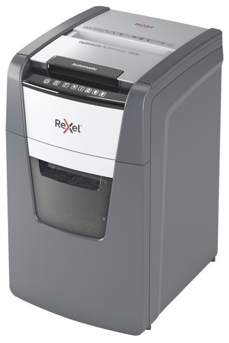 Rexel Optimum Auto Feed+ 150 Sheet Automatic Micro Cut Paper Shredder, P-5 Security, 44L Bin, 2020150M 155584 Buy online at Office 5Star or contact us Tel 01594 810081 for assistance