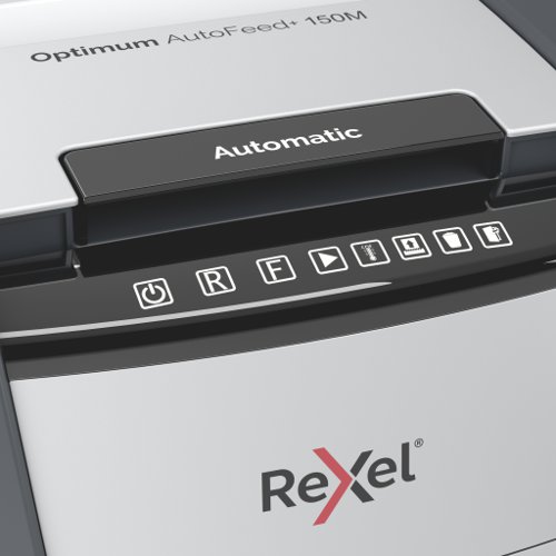 Rexel Optimum Auto Feed+ 150 Sheet Automatic Micro Cut Paper Shredder, P-5 Security, 44L Bin, 2020150M 155584 Buy online at Office 5Star or contact us Tel 01594 810081 for assistance