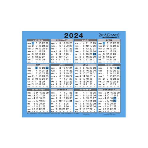 At-A-Glance 2024 Wall/Desk Calendar Year to View Gloss Board Binding 254x210mm White/Blue Ref 930 2024