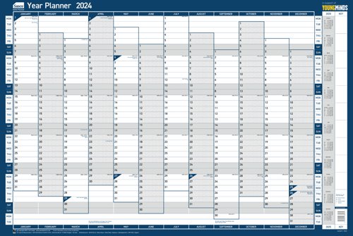 Sasco 2024 Vertical Year Wall Planner with wet wipe pen & sticker pack, Blue, Poster Style 2410219 [Each]