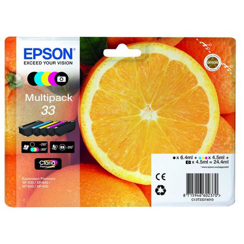 Epson T33 Inkjet Cart Orange Blk 6.4ml /Cyan/Magenta/Yellow/PhotoBlk 4.5ml Ref T33374010 [Pack 5]