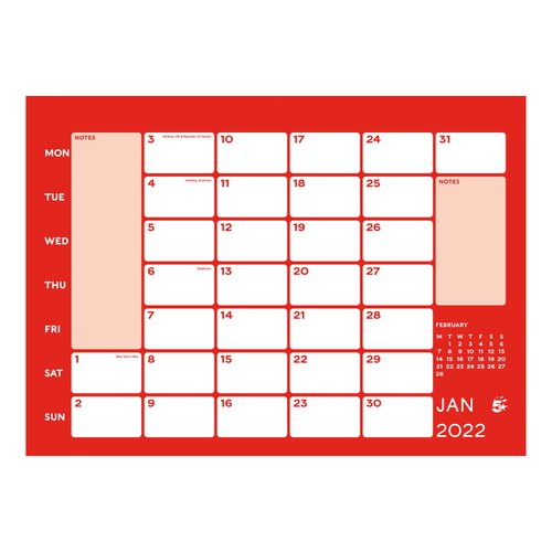 5 Star Office 2022 Wall Calendar Month to View Wirebound 135gsm Paper 249x231mm White/Red