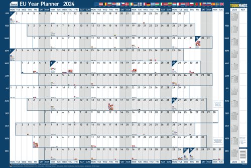 Sasco 2024 EU Year Wall Planner with wet wipe pen & sticker pack, Blue, Poster Style 2410223 [Each]