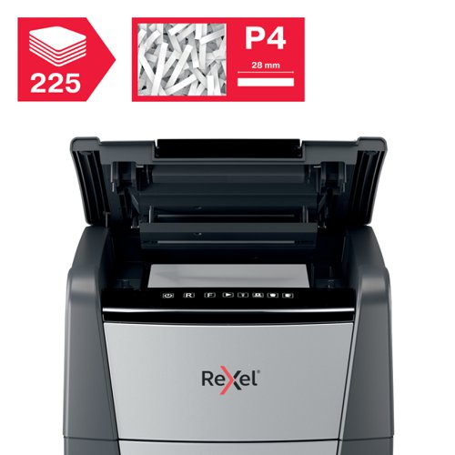 Rexel Optimum Auto Feed+ 225 Sheet Automatic Cross Cut Shredder, P-4 Security, 60L Bin, 2020225X 159035 Buy online at Office 5Star or contact us Tel 01594 810081 for assistance