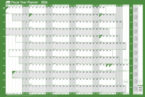 Sasco 2024 Fiscal Year Wall Planner with wet wipe pen & sticker pack, Green, Board Mounted 2410225 [Each]