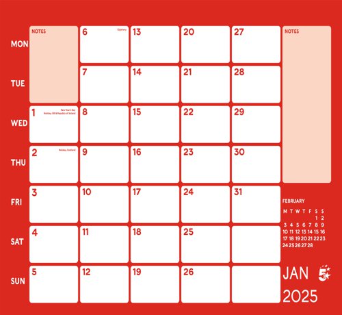5 Star 2025 Wall Calendar Wirebound Month to View [Each]