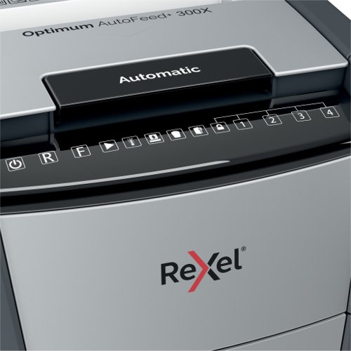 Rexel Optimum Auto Feed+ 300 Sheet Automatic Cross Cut Shredder, P-4 Security, 60L Bin, 2020300X