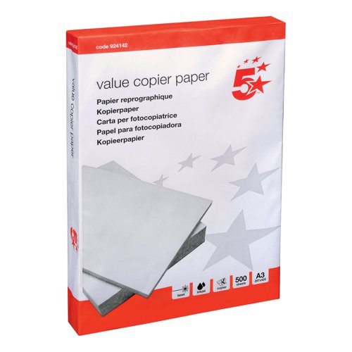 5 Star Value Copier PEFC & EU Ecolabel Paper Multifunctional Ream-Wrapped 80gsm A3 White [Box of 5 Reams]