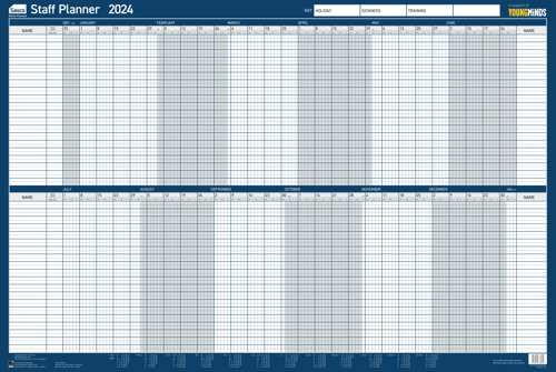 Sasco 2024 Staff Year Wall Planner with wet wipe pen & sticker pack, Blue, Poster Style 2410229 [Each]