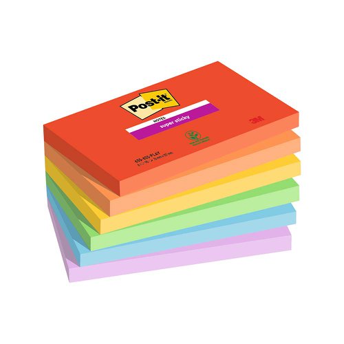 Post-it?? Super Sticky Notes, Playful Colour Collection, 76 mm x 127 mm, 90 Sheets/Pad, 6 Pads/Pack
