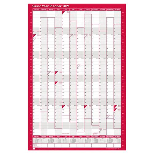 Sasco 2021 Year Planner Portrait Unmounted with Pen Kit 915x610mm Red Ref 2410130