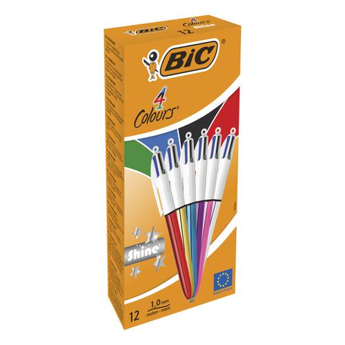 BIC 4 Colours Shine Ballpoint Pens 1.0mm Tip Assorted Metallic Barrels Ref 964775 [Pack 12]