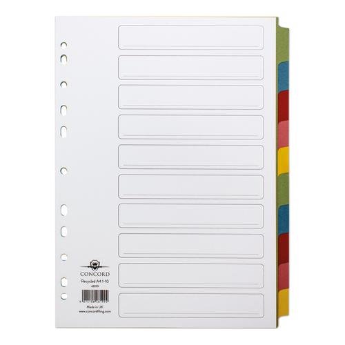Concord Subject Dividers 10-Part Recycled Card Multipunched Multicolour-Tabs 150gsm A4 White Ref 48199
