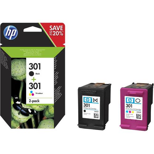 Hewlett Packard [HP] 301 Ink Carts Page Life Black 190pp Tri-Colour 165pp 3ml Ref N9J72AE [Pack 2]  165757 Buy online at Office 5Star or contact us Tel 01594 810081 for assistance