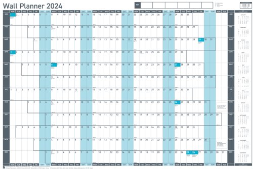 Sasco 2024 Value Year Wall Planner with wet wipe pen & sticker pack, Blue, Poster Style 2410237 [Each]