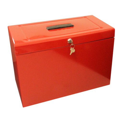 Metal File with 5 Suspension Files 2 Keys and Index Tabs Steel Foolscap Red