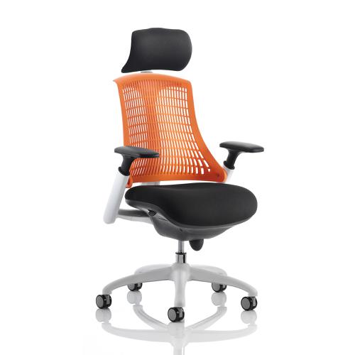 Trexus Flex Task Operator Chair With Arms And Headrest Blk Fabric Seat Orange Back White Frame Ref KC0091