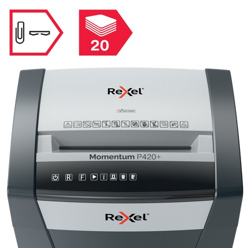 Rexel Momentum Extra P420+ Cross Cut Paper Shredder, Shreds 20 Sheets, Jam-Free, 30L Bin, 2021420XEU 167164 Buy online at Office 5Star or contact us Tel 01594 810081 for assistance
