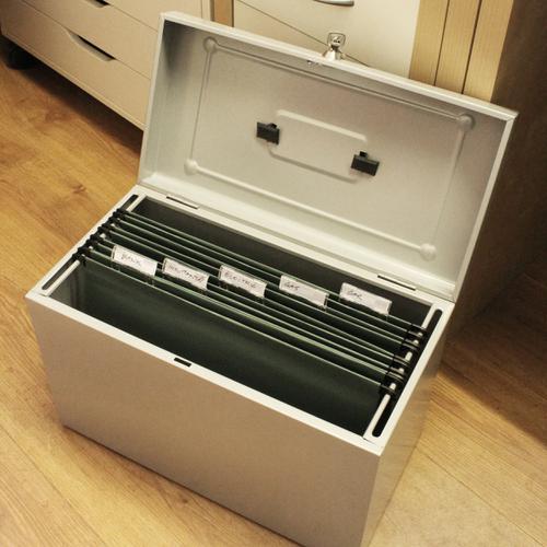 Metal File with 5 Suspension Files 2 Keys and Index Tabs Steel Foolscap Silver  167635