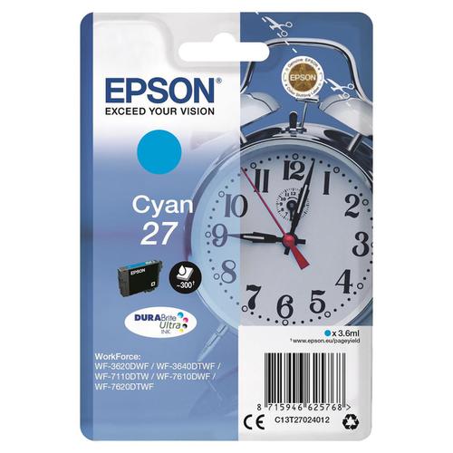 Epson 27 Inkjet Cartridge Alarm Clock Page Life 300pp 3.6ml Cyan Ref C13T27024012