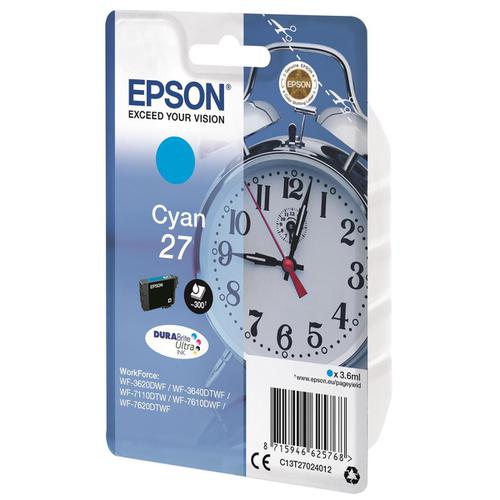 Epson 27 Inkjet Cartridge Alarm Clock Page Life 300pp 3.6ml Cyan Ref C13T27024012